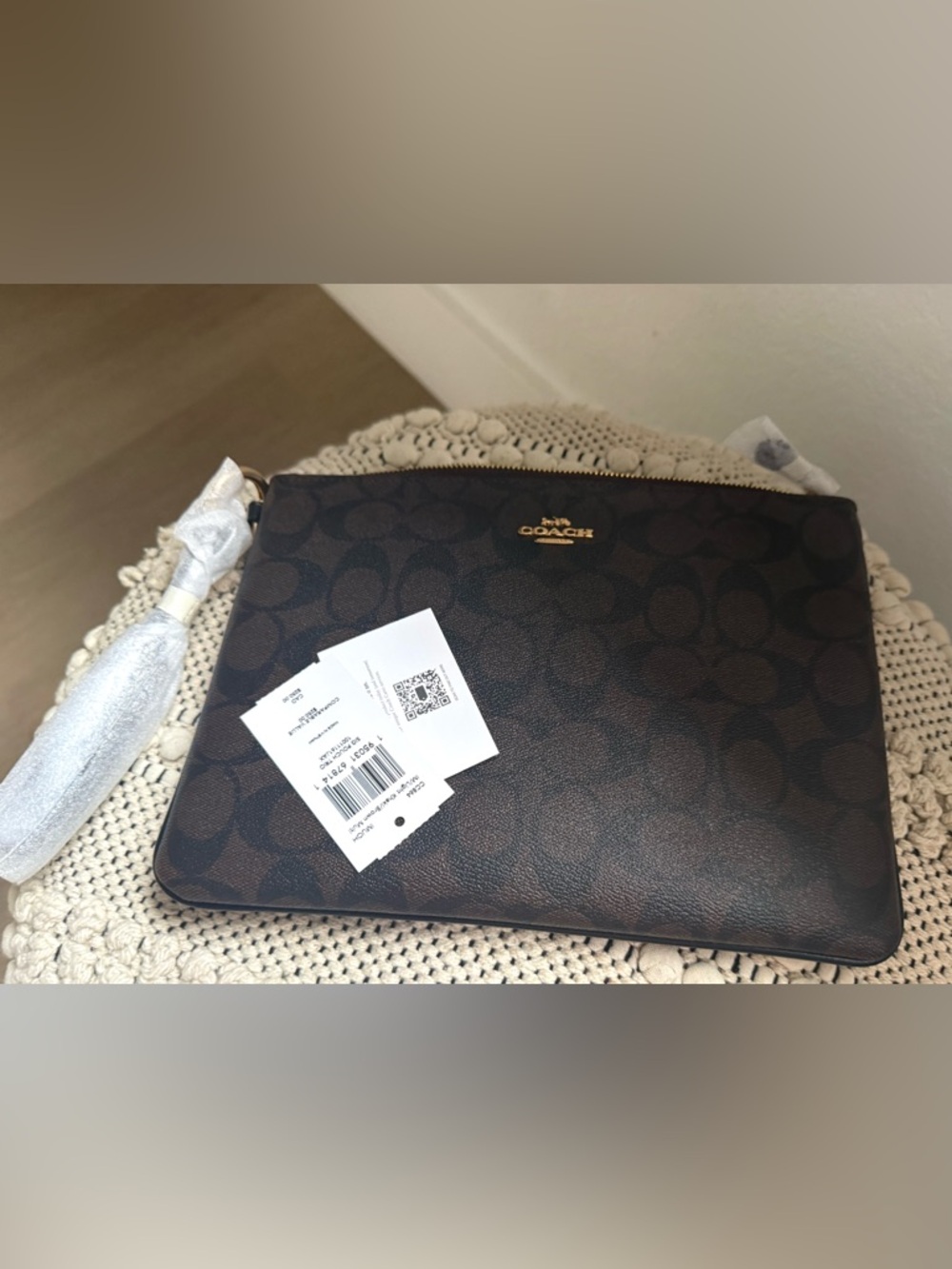 New Coach Brown Signature Canvas Zip large Pouch